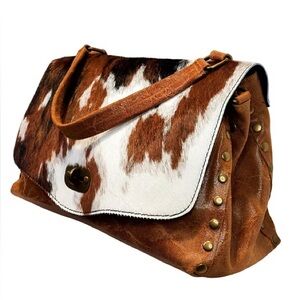 Cowhide Leather Shoulder Bag in Brown and White.